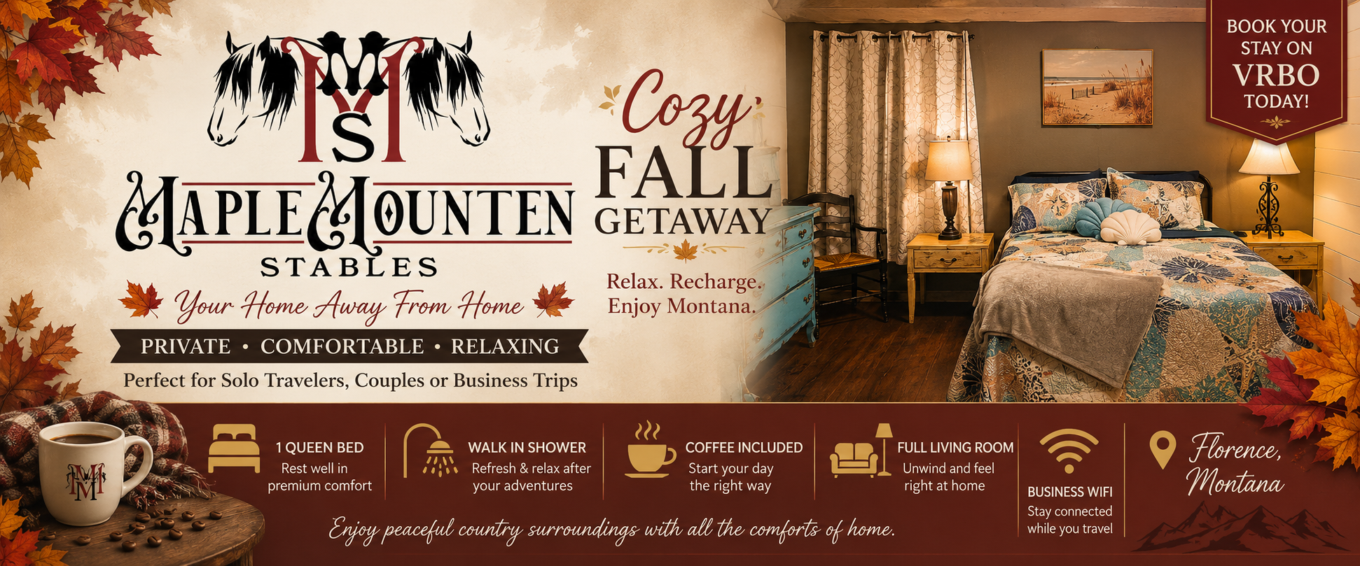 Maple Mounten Stables — Cozy Fall Getaway. Private, comfortable, relaxing. Florence, Montana.